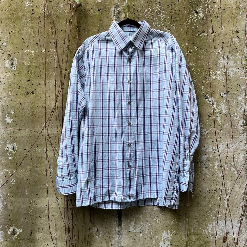 Ermenegildo Zegna - Mens Casual Button Down Shirt- Large - Navy/Aqua, XL, EUC
